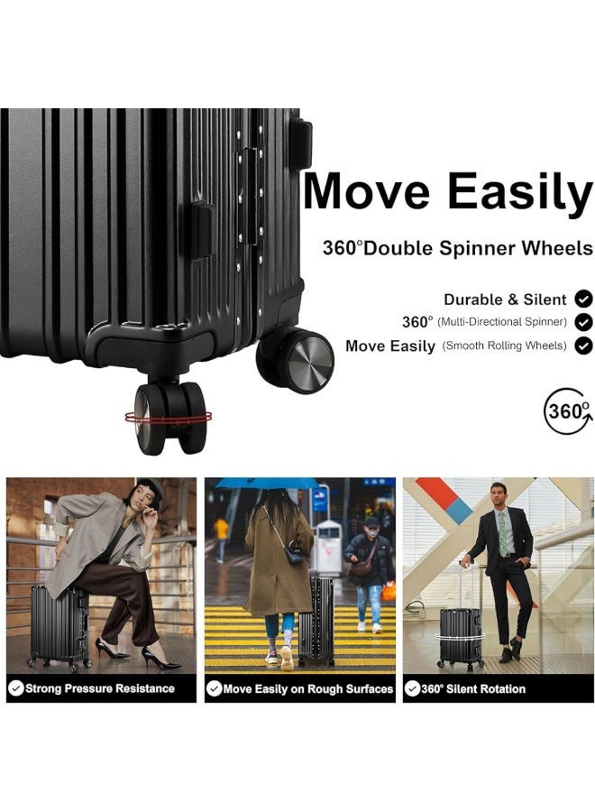 POGAGO Lightweight Aluminum Frame Polycarbonate Hard Case Luggage Set | 3-Piece Trolley Suitcase (20/24/28 Inch) | Silver Checked Luggage with 360° Double Spinner Wheels - Image 4